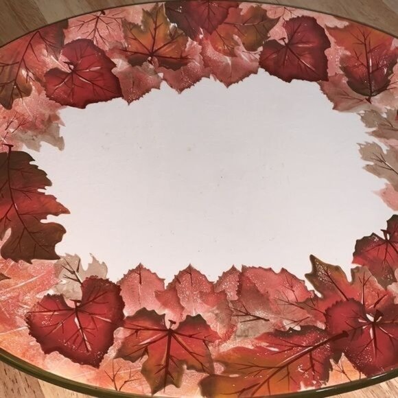 WCL Oval Autumn Leaf Platter 18 Inches Fall Decor Glass Serving Dish Made In Chi - Picture 2 of 5